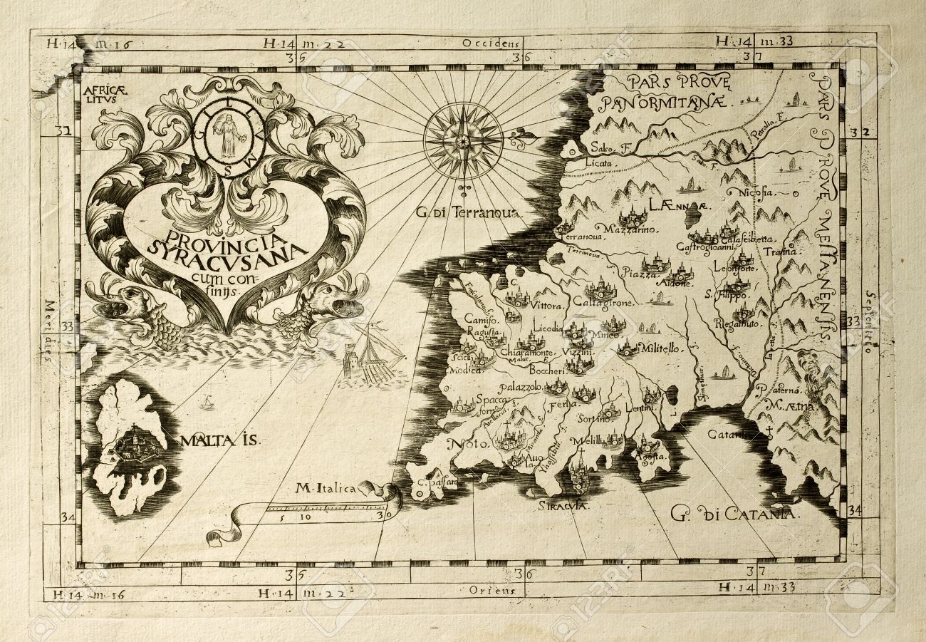 ◇アンティーク 古地図 シチリア 地理 地図 カルタ ◇B-382