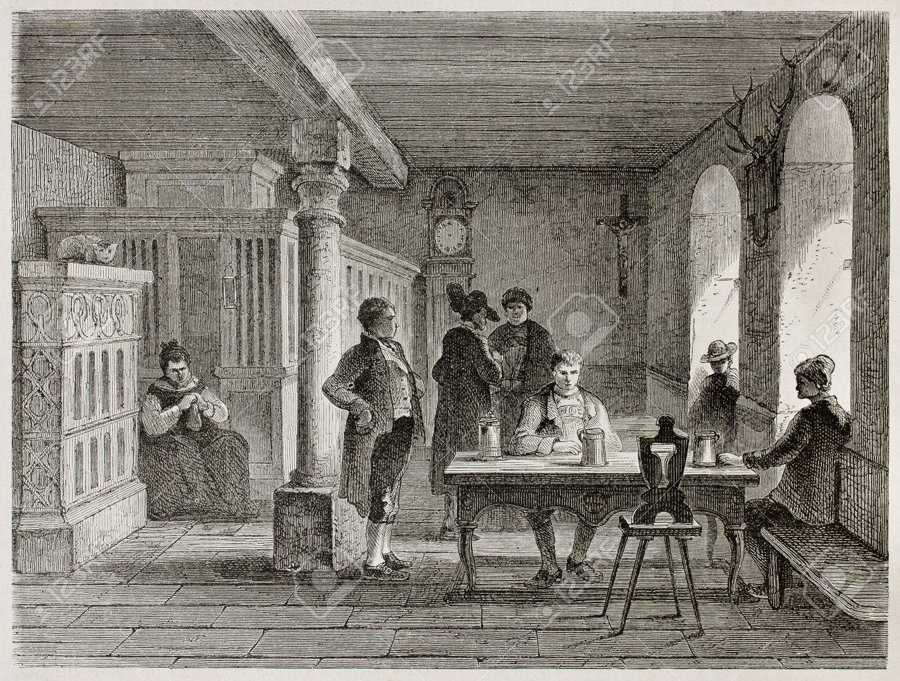 black forest hotel interior old illustration, germany. created black forest hotel interior old illustration, germany. created