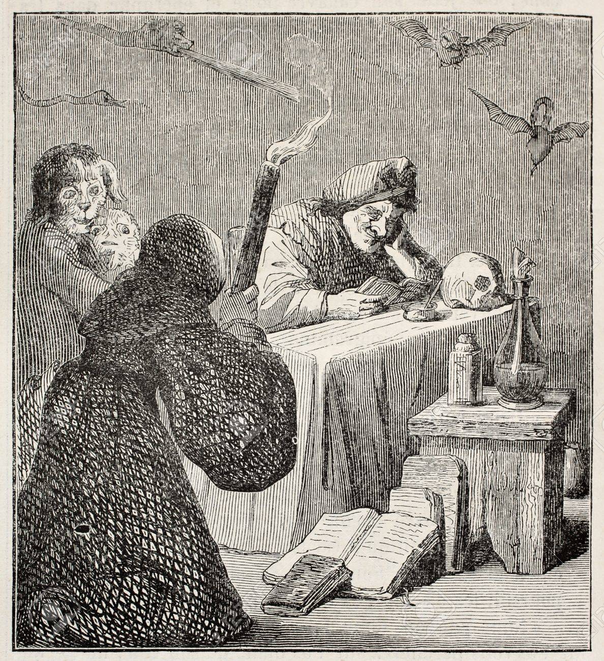 魔女の古いイラスト。テニールス (悪魔のような読書) の絵は、ボルドー