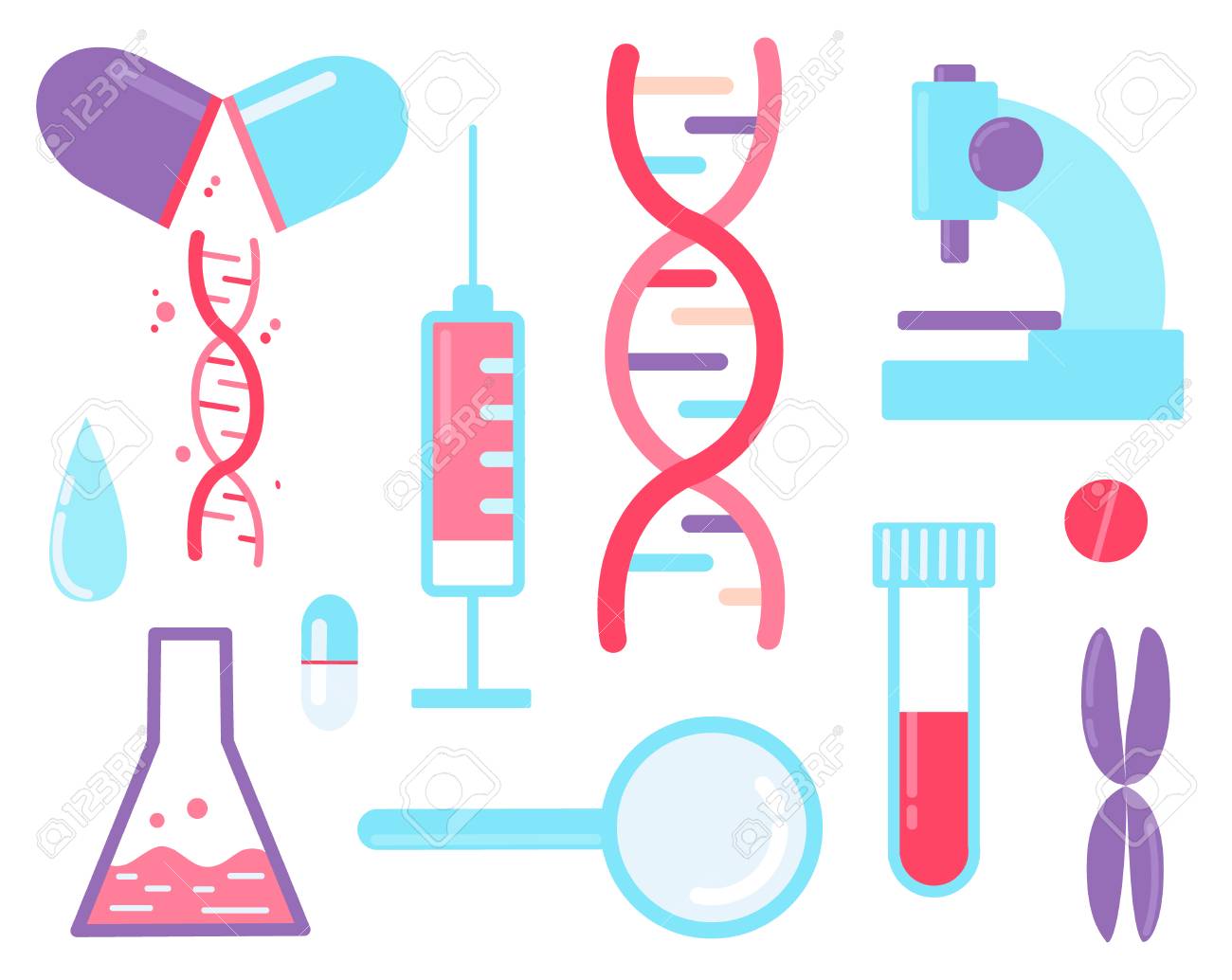 Genome sequencing - medical test. Set of elements dna, syringe, magnifier, microscope and pills. - 112595128 Genome sequencing - medical test. Set of elements dna, syringe, magnifier, microscope and pills. - 112595128