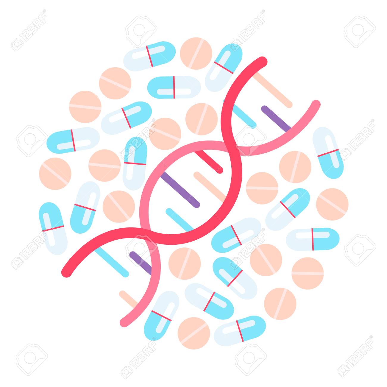 DNA illustration. Genome sequencing. Different pills in circle - 112595129 DNA illustration. Genome sequencing. Different pills in circle - 112595129