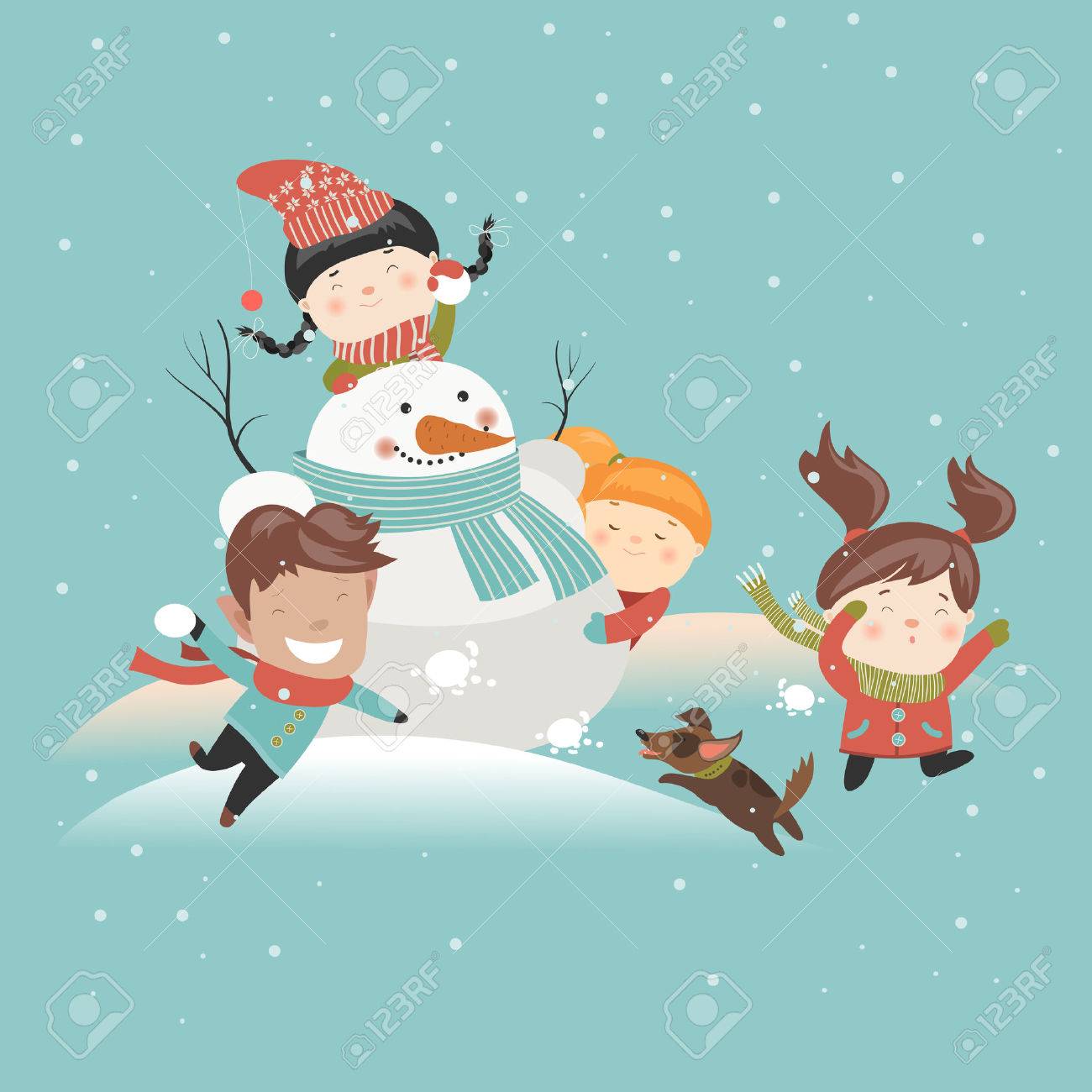 Funny kids playing snowball fight. Vector illustration - 45569189 Funny kids playing snowball fight. Vector illustration - 45569189