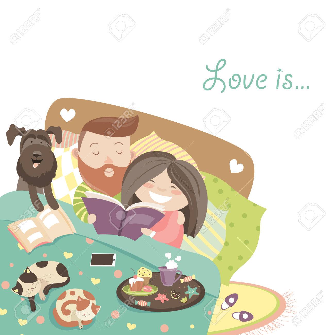Happy couple in bed with cats and dog. Vector illustration - 51290856 Happy couple in bed with cats and dog. Vector illustration - 51290856