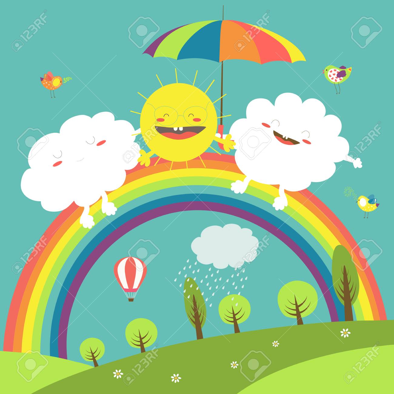 Vector illustration of rainbow, cloud and happy sun in the sky - 60324225 Vector illustration of rainbow, cloud and happy sun in the sky - 60324225