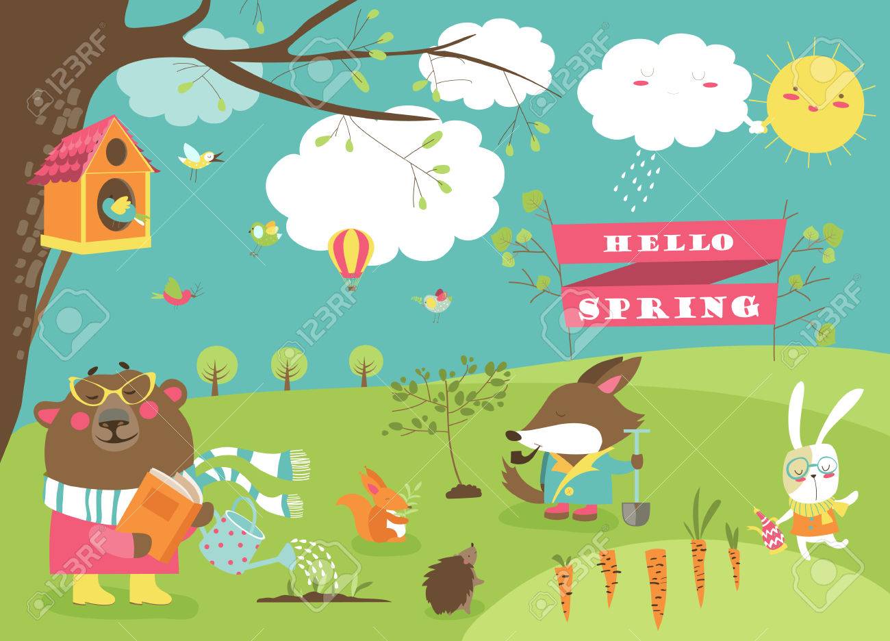 Cute cartoon animals in spring forest. Vector illustration - 69115091 Cute cartoon animals in spring forest. Vector illustration - 69115091