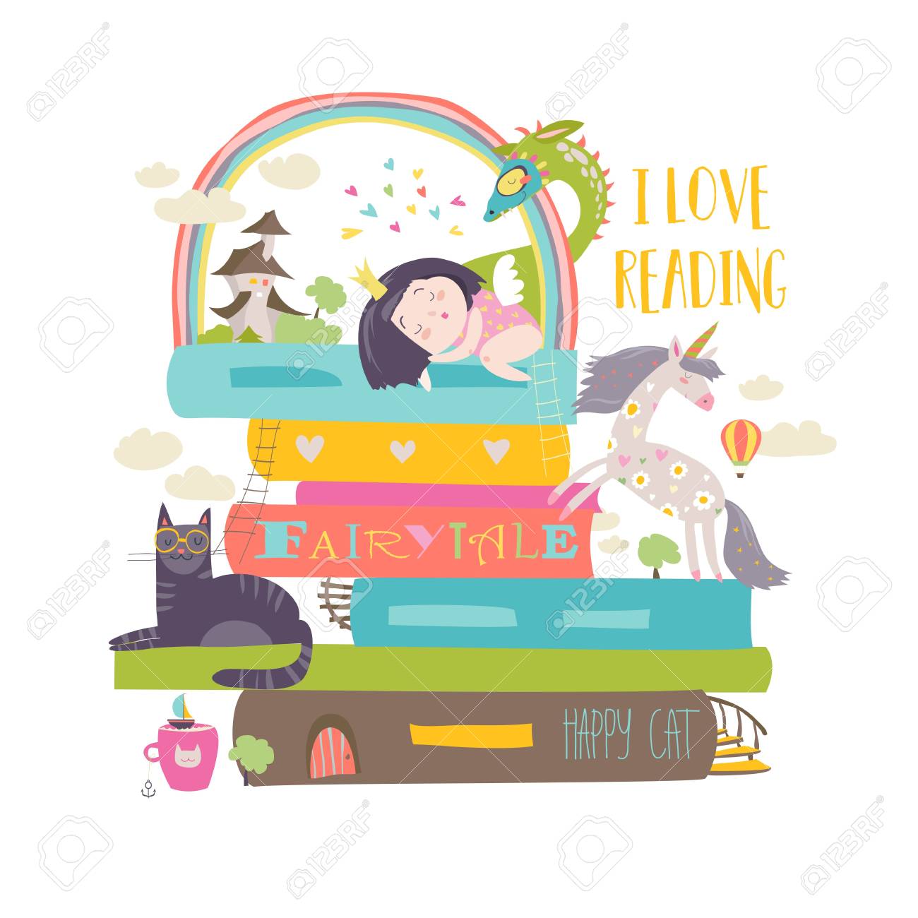 Marchen Konzept Mit Buch Einhorn Drachen Prinzessin Und Mittelalterlichem Schloss Lizenzfrei Nutzbare Vektorgrafiken Clip Arts Illustrationen Image 86040155