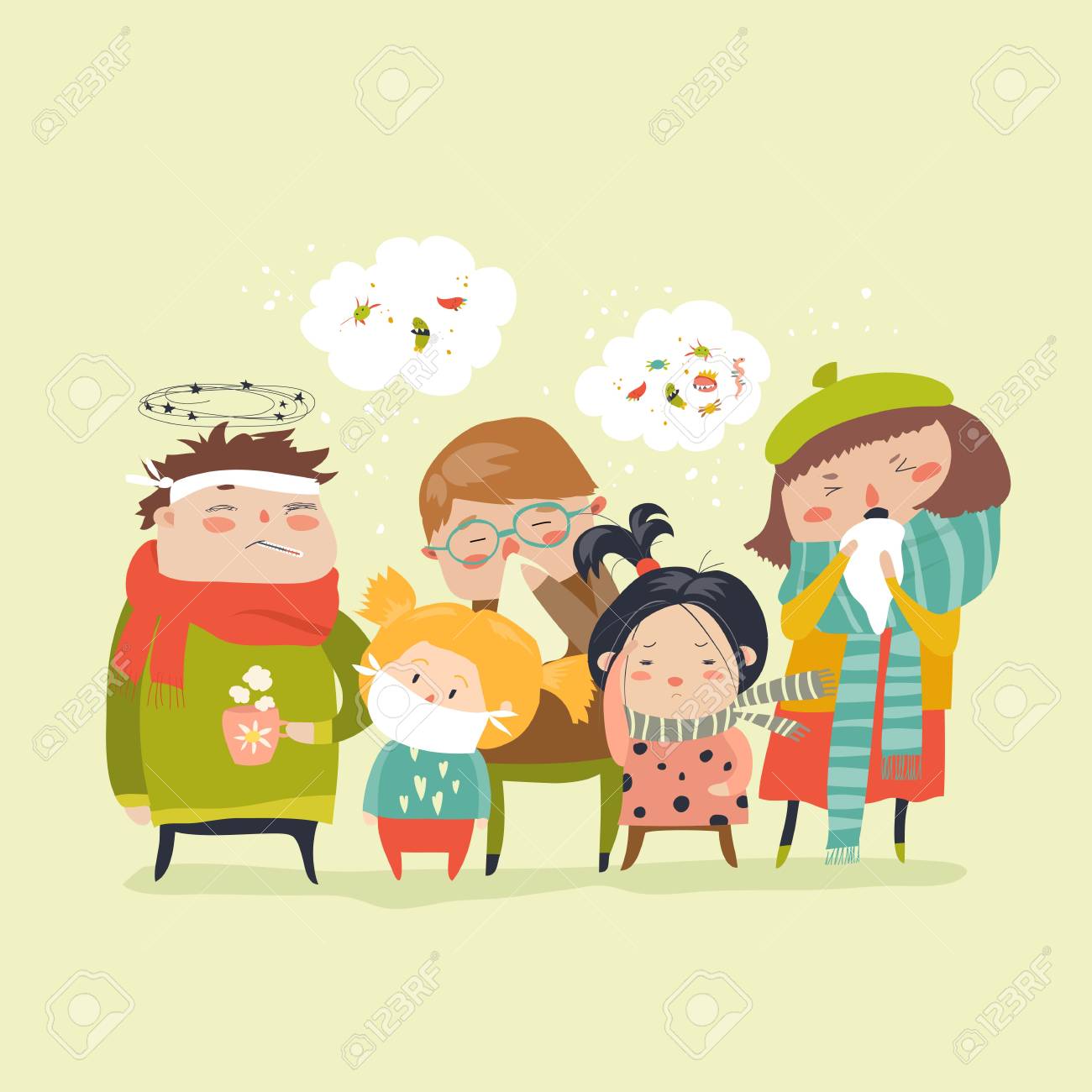 Sick children with fever, illness Vector illustration. - 92246980 Sick children with fever, illness Vector illustration. - 92246980