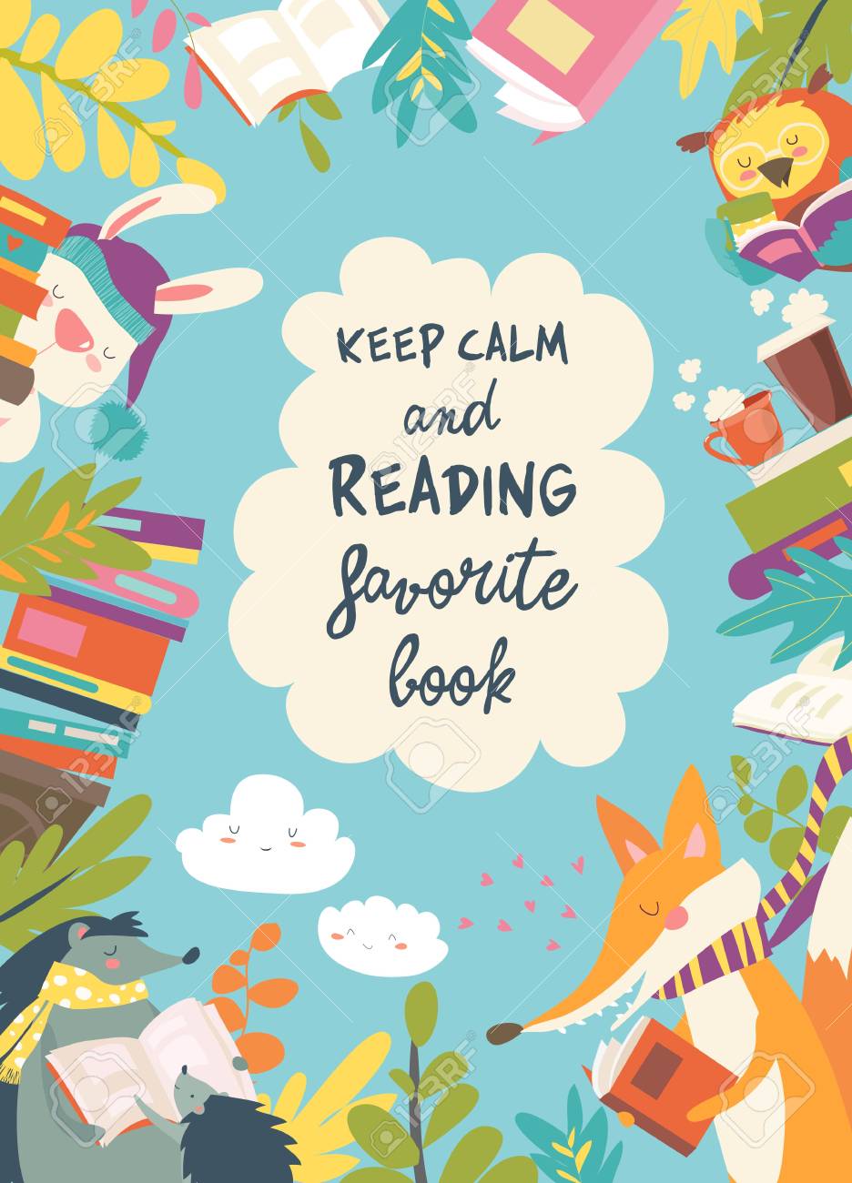 本を読む動物で構成されたかわいいフレームのイラスト素材 ベクタ Image