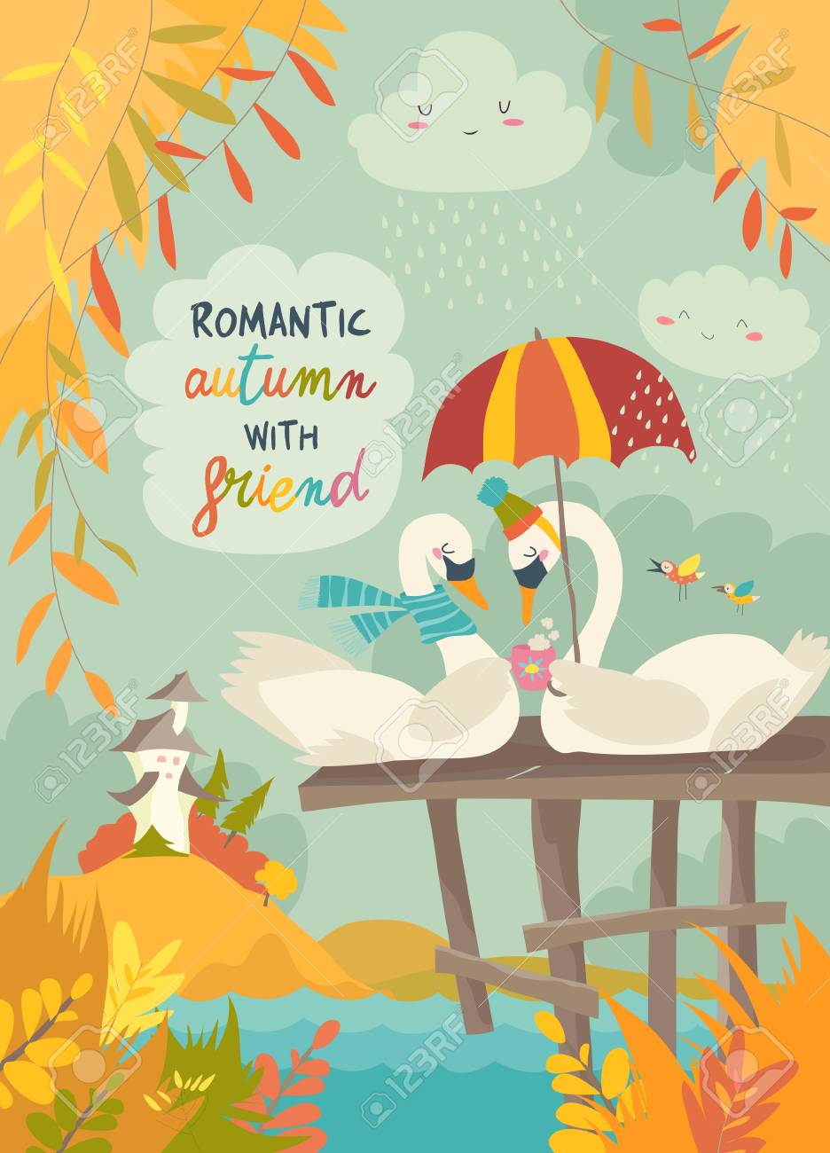 Cute romantic swans in autumn park. Vector illustration - 114761639 Cute romantic swans in autumn park. Vector illustration - 114761639