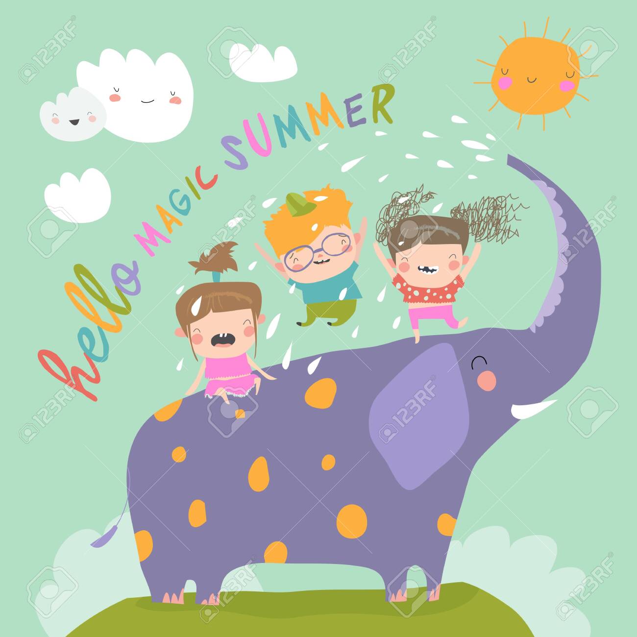 Happy kids with big elephant meet summer - 148427158 Happy kids with big elephant meet summer - 148427158