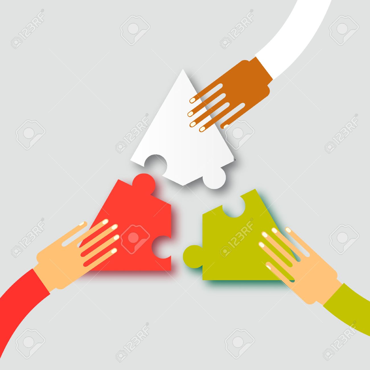 Three hands together team work. Hands putting puzzle pieces. Teamwork and bussiness concept. Hands of different colors, cultural and ethnic diversity. Vector illustration - 53256749 Three hands together team work. Hands putting puzzle pieces. Teamwork and bussiness concept. Hands of different colors, cultural and ethnic diversity. Vector illustration - 53256749