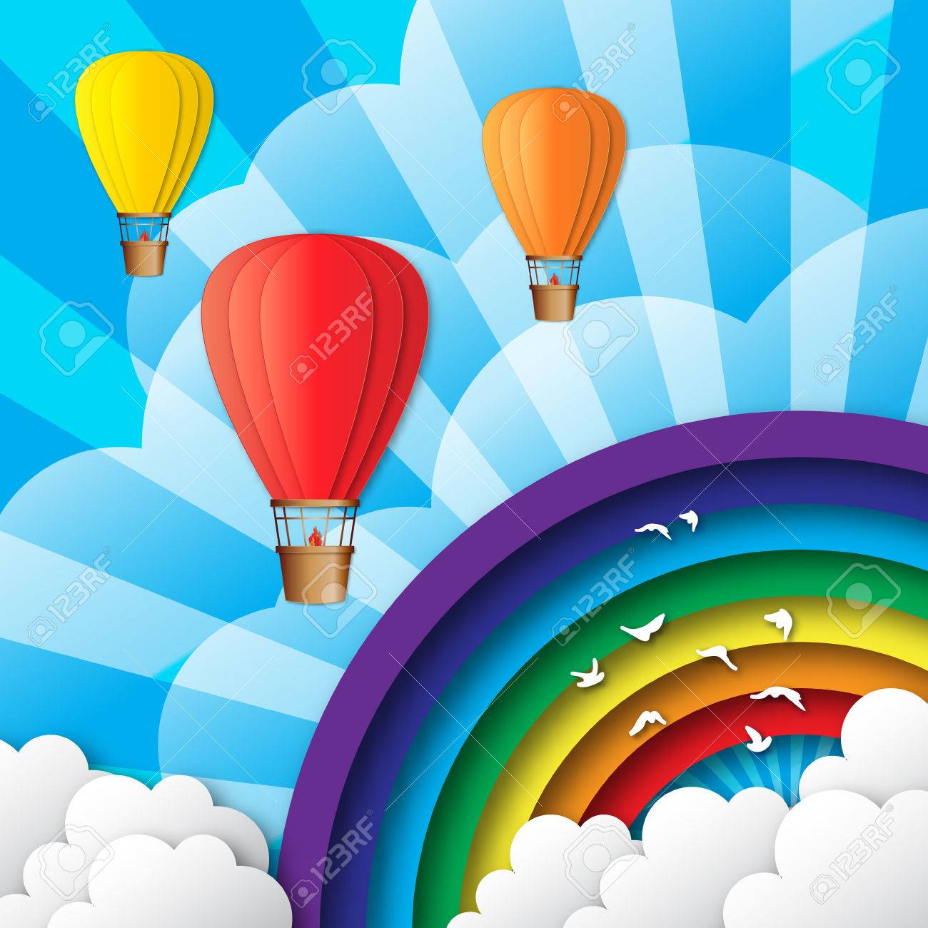 青空 雲と虹 鳥の折り紙カラフルな熱気球 紙風船を空に飛ばします ベクトル アップリケ イラスト のイラスト素材 ベクタ Image
