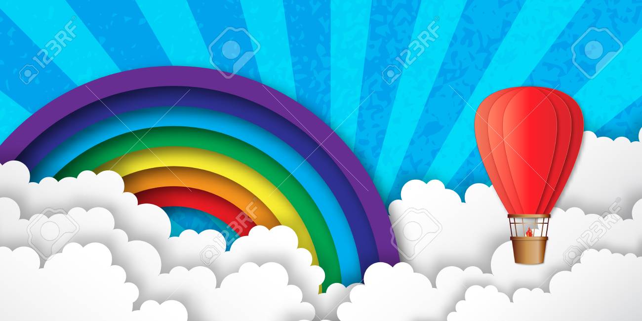 雲と青空の折り紙カラフルな熱気球 紙風船を空に飛ばします ベクトル アップリケ イラスト のイラスト素材 ベクタ Image