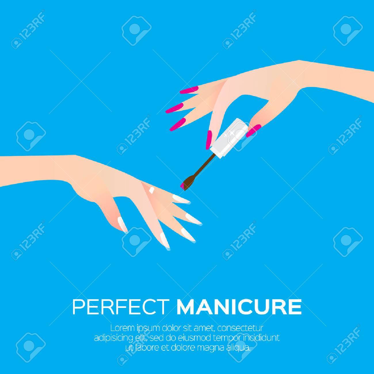 Nail art and elegant women's hand. Salon cosmetic concept. Beauty product. Nail health banner. Nail design polish, manicure tools. Vector illustration on blue background - 60221953 Nail art and elegant women's hand. Salon cosmetic concept. Beauty product. Nail health banner. Nail design polish, manicure tools. Vector illustration on blue background - 60221953