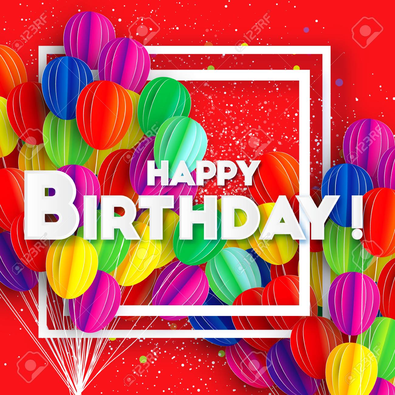 Voler Papier Decoupe Des Ballons Decoration Coloree Pour La Fete Celebration Banniere Carte Cadeau Carte De Voeux De Joyeux Anniversaire Arc En Ciel Espace Pour Le Texte Cadre Carre Fond Rouge Illustration Vectorielle Clip
