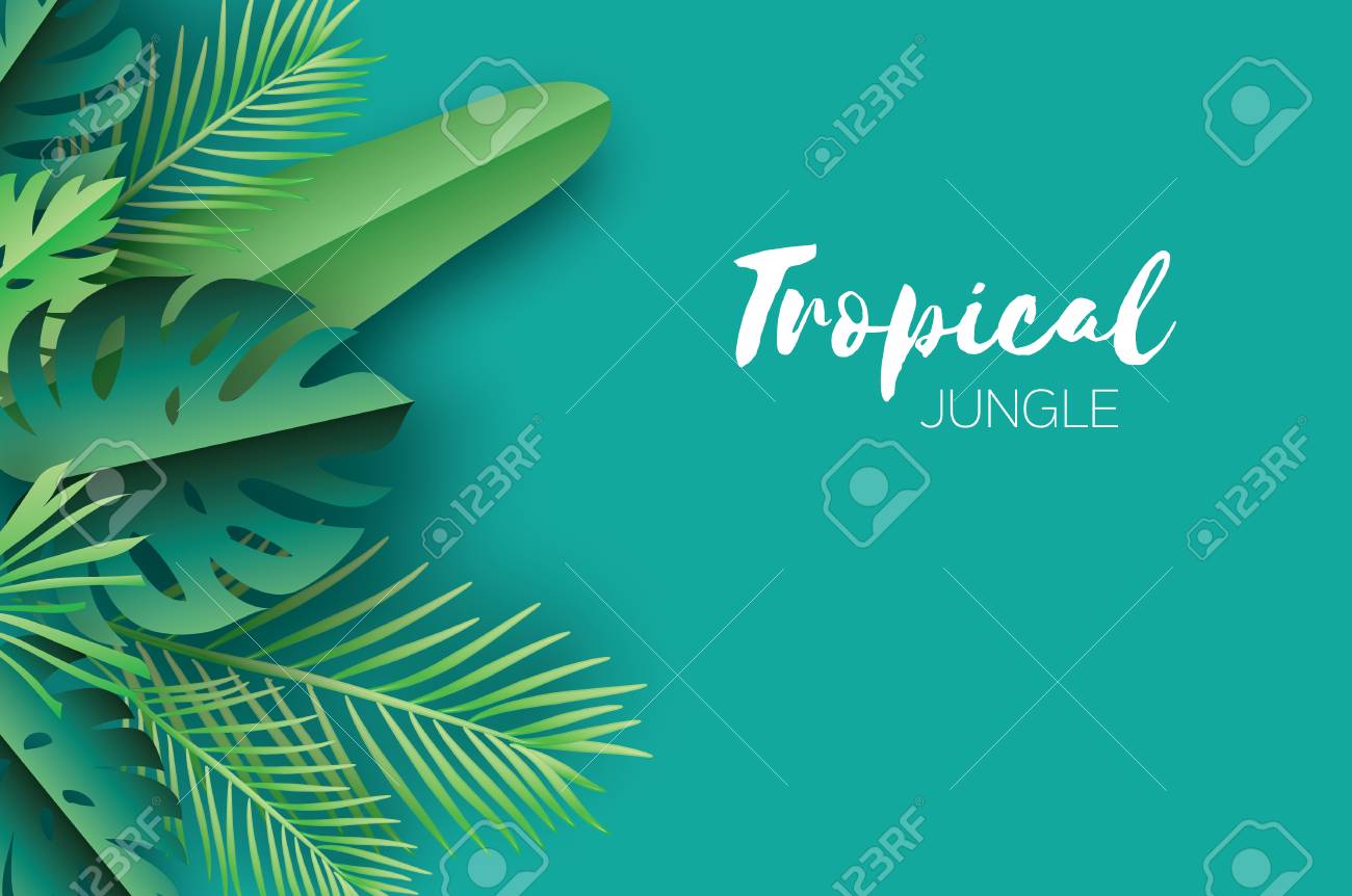 Trendy Summer Tropical palm leaves, plants. Paper cut style. Exotic Hawaiian summertime. Space for text. Beautiful dark green jungle floral background.Monstera, palm. Vector - 82683817 Trendy Summer Tropical palm leaves, plants. Paper cut style. Exotic Hawaiian summertime. Space for text. Beautiful dark green jungle floral background.Monstera, palm. Vector - 82683817