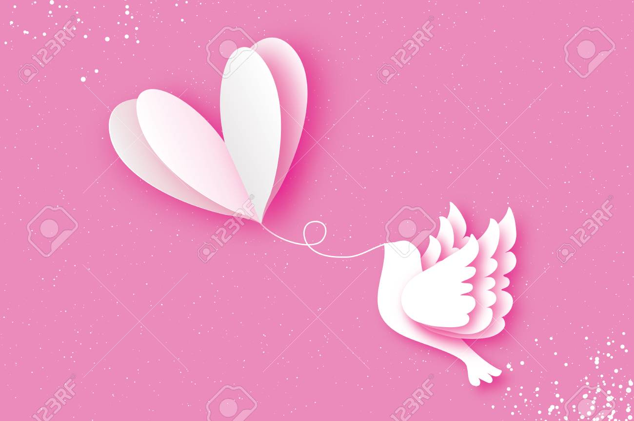 幸せなバレンタインデーのグリーティング カード 愛の気球 紙のカット スタイルの中の鳥します 折り紙ロマンチックな鳩 ホワイト ハート 白いハト 2 月 14 日 のイラスト素材 ベクタ Image