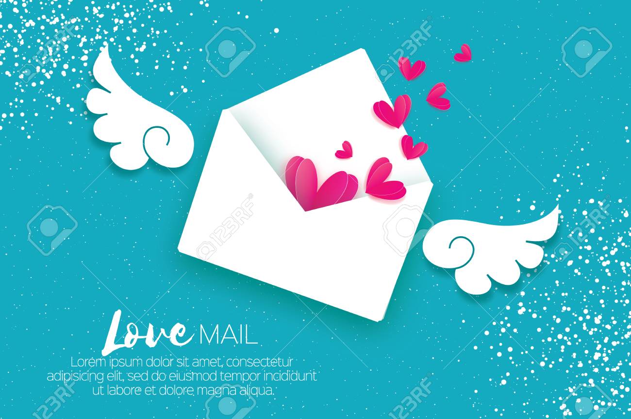 バレンタインの日のグリーティング カード 愛と紙のカット スタイルで封筒を郵送します 折り紙ピンクのハート 天使を翼します 電子メール 私のバレンタイン になります 2 月 14 日 メッセージ 空の青にロマンチックなカードです ホワイト デー のイラスト