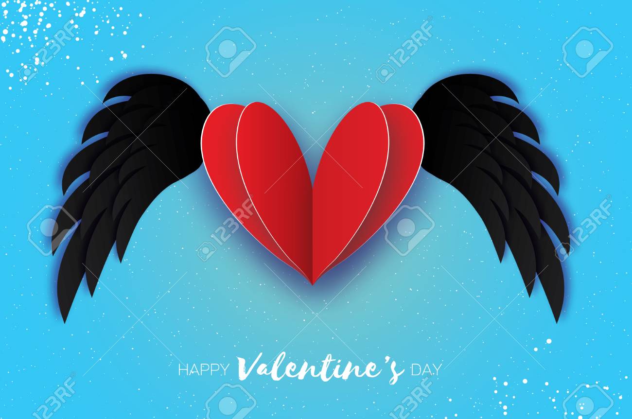 幸せなバレンタインデーのグリーティング カード 折り紙の黒天使の翼とロマンチックな赤いハート 大好きです 紙の翼のあるハートのカット スタイル 青い空を背景 2 月 14 日 のイラスト素材 ベクタ Image
