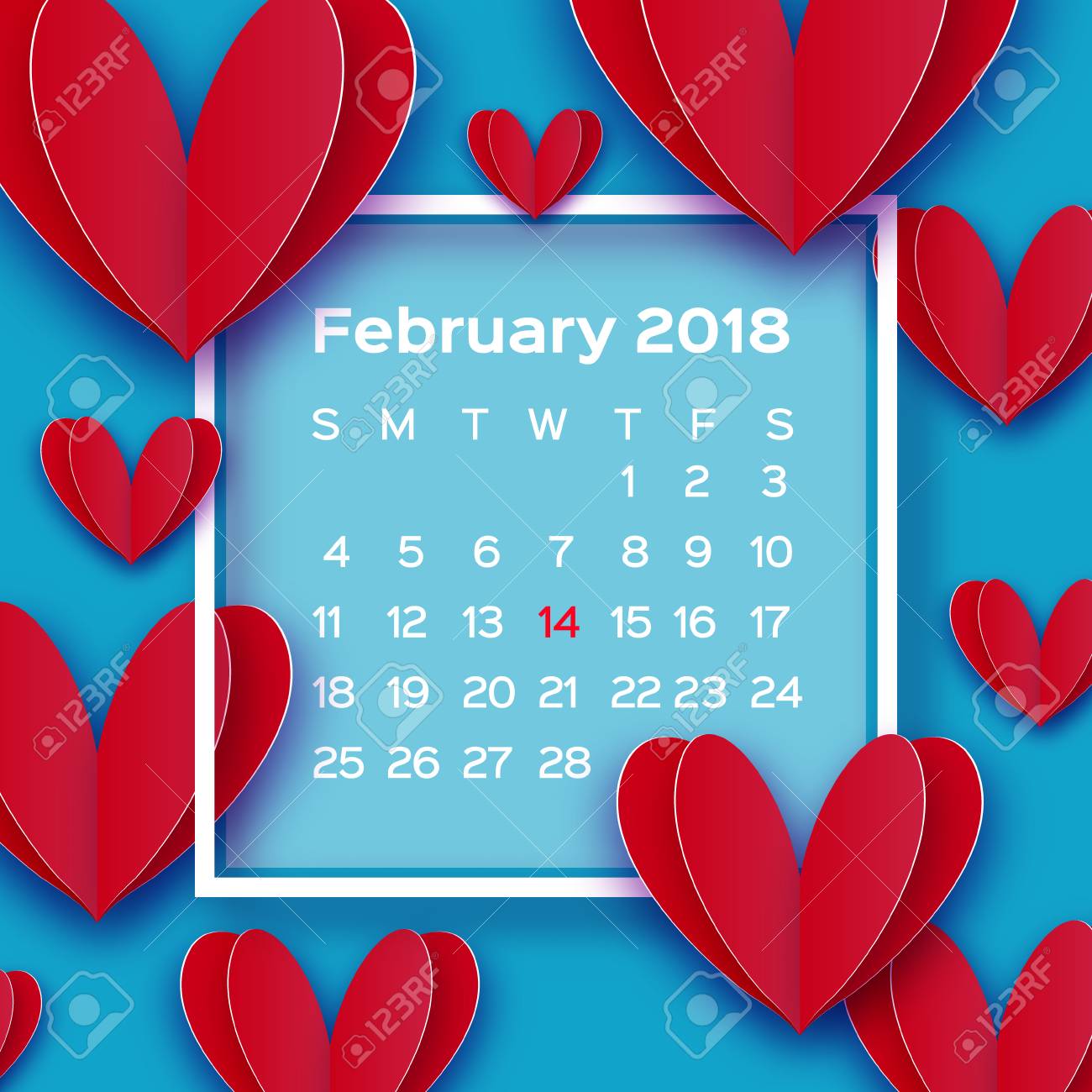 ペーパーカットスタイルでフライングラブレッドハーツ カレンダー18年 折り紙ハッピーバレンタインデー ロマンチックな休日 必要なのは愛だけだ14 2月 週は日曜日から始まります 正方形のフレーム のイラスト素材 ベクタ Image