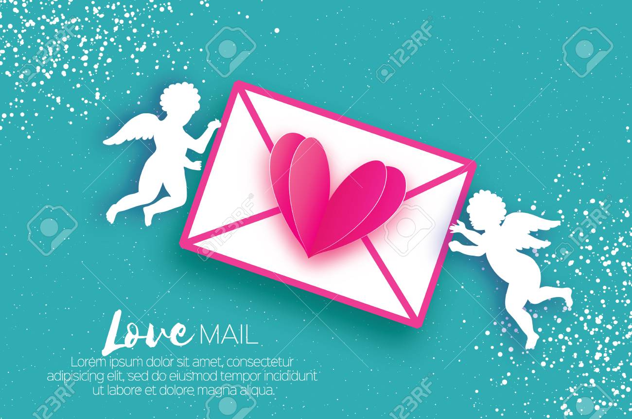 アップイドとバレンタインデーグリーティングカード 飛行天使 紙カットスタイルで愛のメール ピンクのハートと封筒 折り紙チェルブ 青い背景のロマンチックな休日 14 2月 の写真素材 画像素材 Image