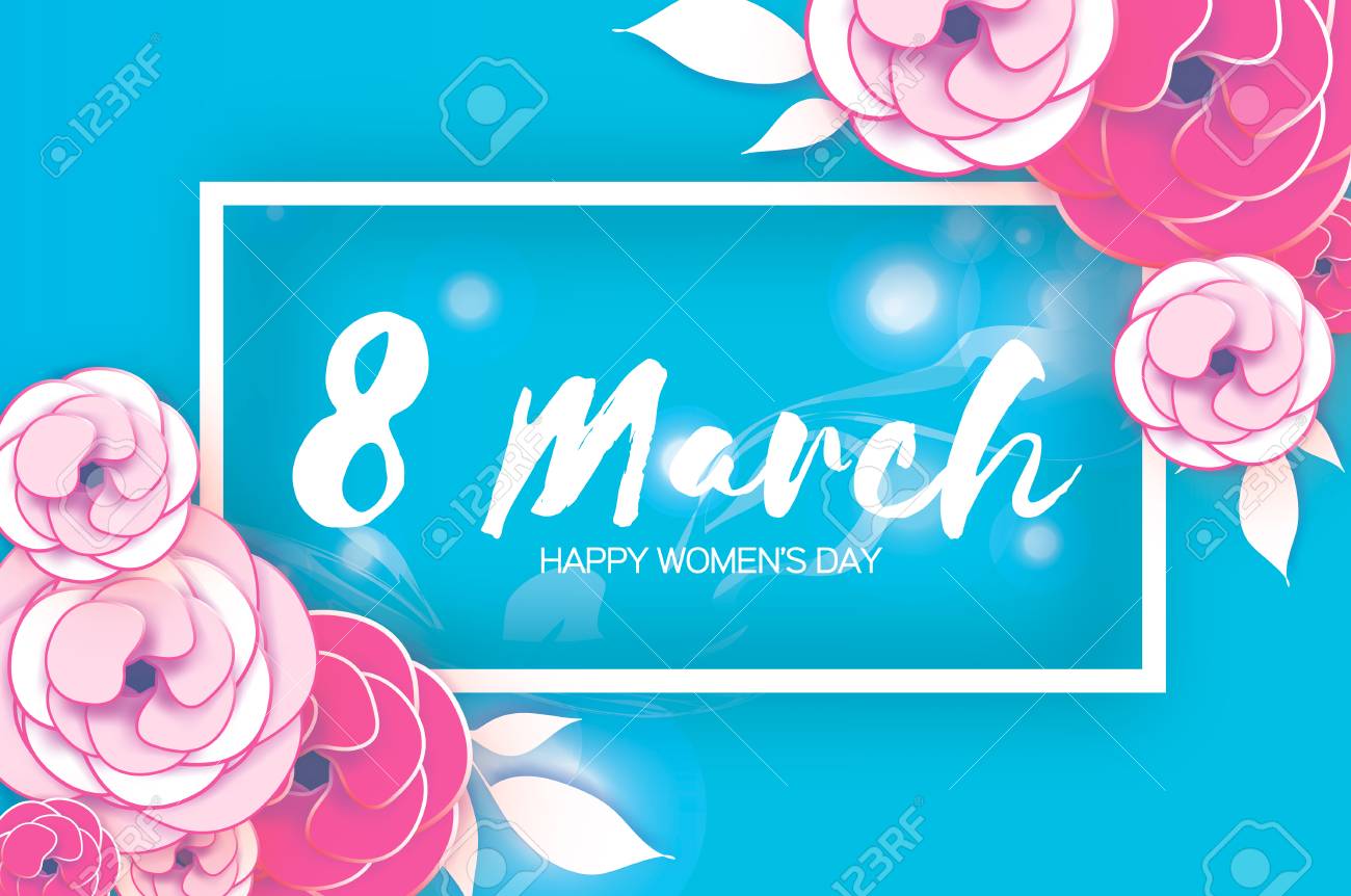 8 3月 女性の母の日おめでとう花のグリーティングカード 紙切れ バラの花折り紙デイジーの花 長方形の垂直フレーム テキスト 春のピオニーの花 スカイブルーの季節の休日 伝統的な紙の装飾 ベクトルイラスト のイラスト素材 ベクタ Image