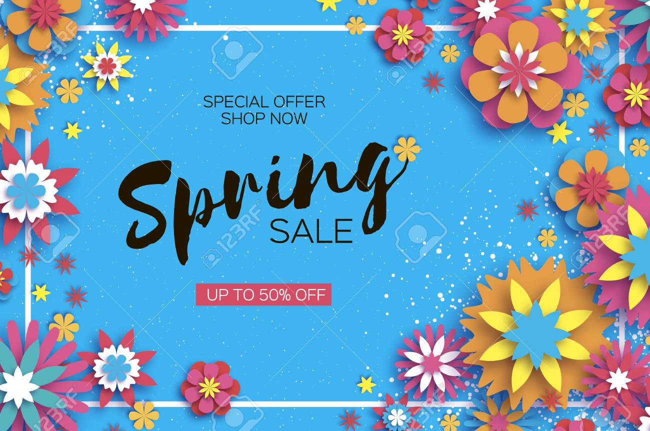 販売 折り紙春カラフルな花のバナー ペーパーカット花の挨拶カード 春の花 長方形のフレーム 女性の日おめでとう8 3月 テキスト 青の季節の休日 トレンディな内装 ベクトル のイラスト素材 ベクタ Image
