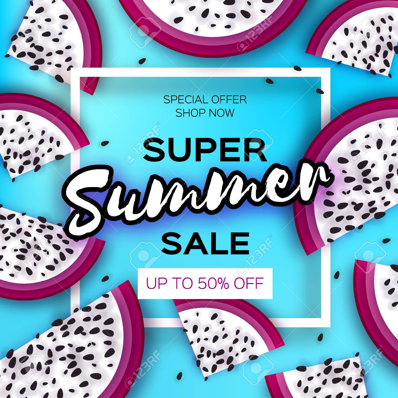 紙カットスタイルのスーパーサマーセールバナー 折り紙ジューシー熟したドラゴンフルーツスライス 青の健康的な食べ物 夏 テキストの正方形の枠です の イラスト素材 ベクタ Image