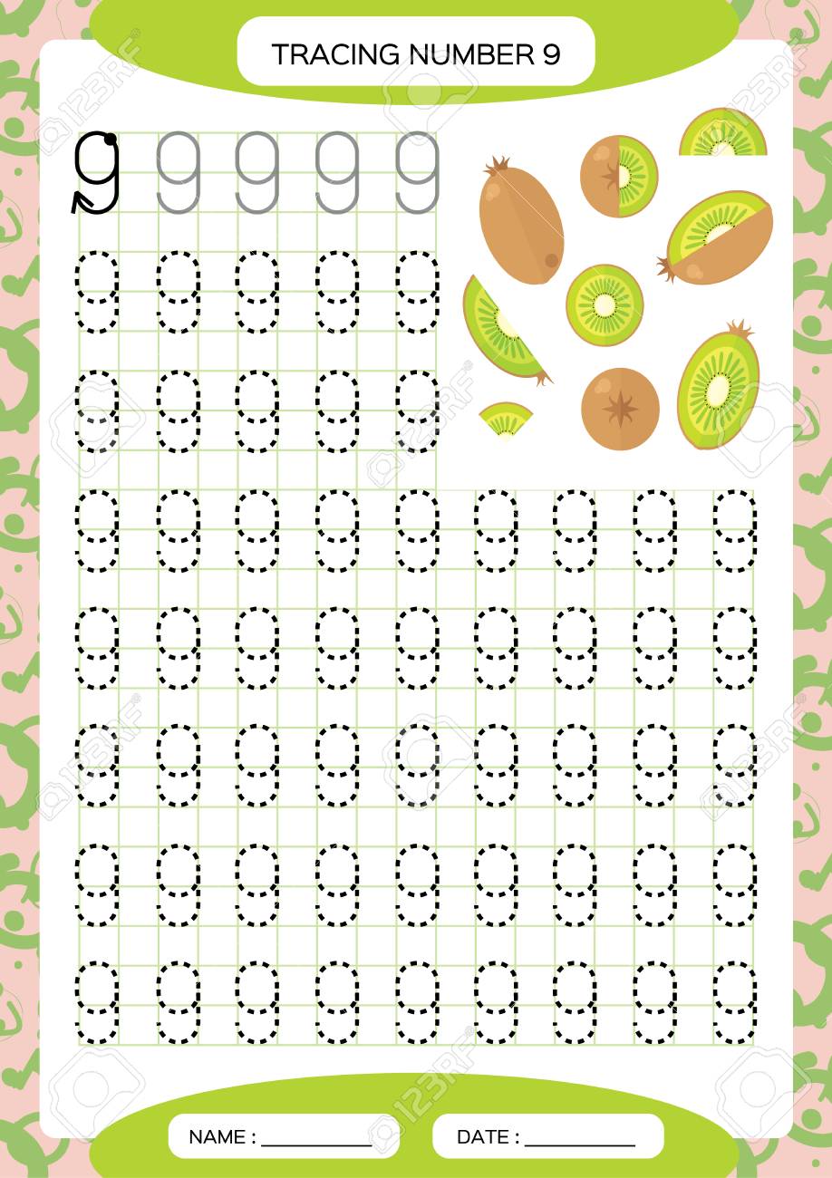 Number 9. Nine. Tracing Worksheet For Kids. Watermelon For Kids. . Preschool  Worksheet, Practicing Motor Skills - Tracing Dashed Lines. A4 Green Grid.  Vector Royalty Free SVG, Cliparts, Vectors, And Stock Illustration. Image  112223873.