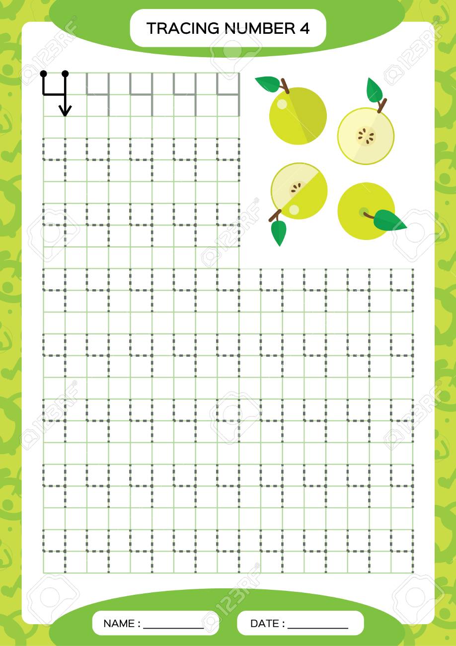 number 4 four tracing worksheet green apple preschool worksheet practicing motor skills tracing dashed lines a4 green vector royalty free cliparts vectors and stock illustration image 111849121
