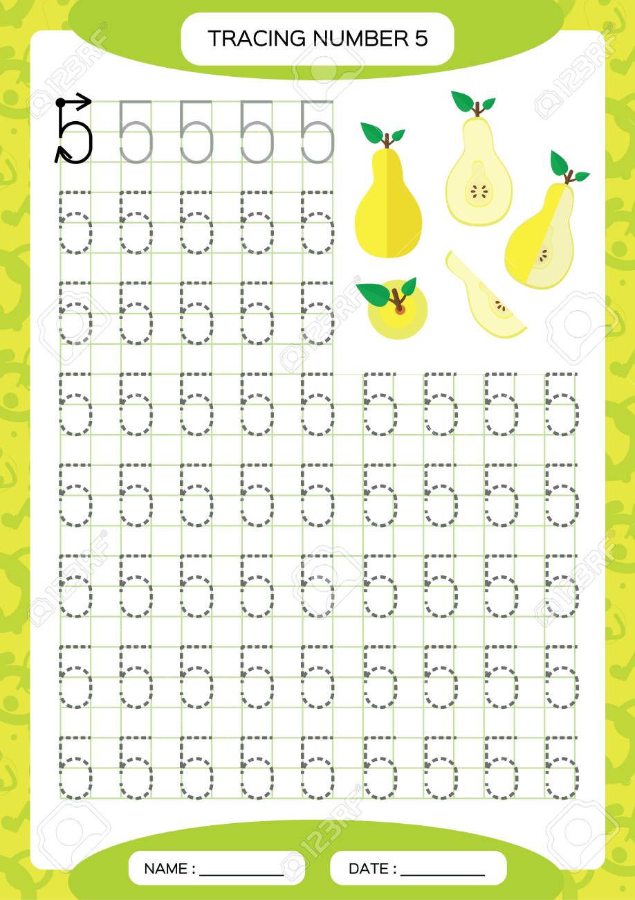 number 5 five tracing worksheet for kids yellow juicy pear preschool worksheet practicing motor skills tracing dashed lines a4 green grid vector royalty free cliparts vectors and stock illustration image 111652356