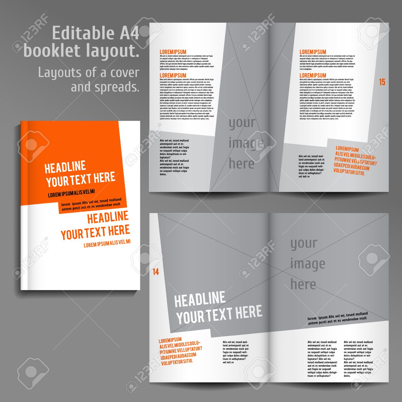 a4 book layout design template with cover and 2 spreads of contents