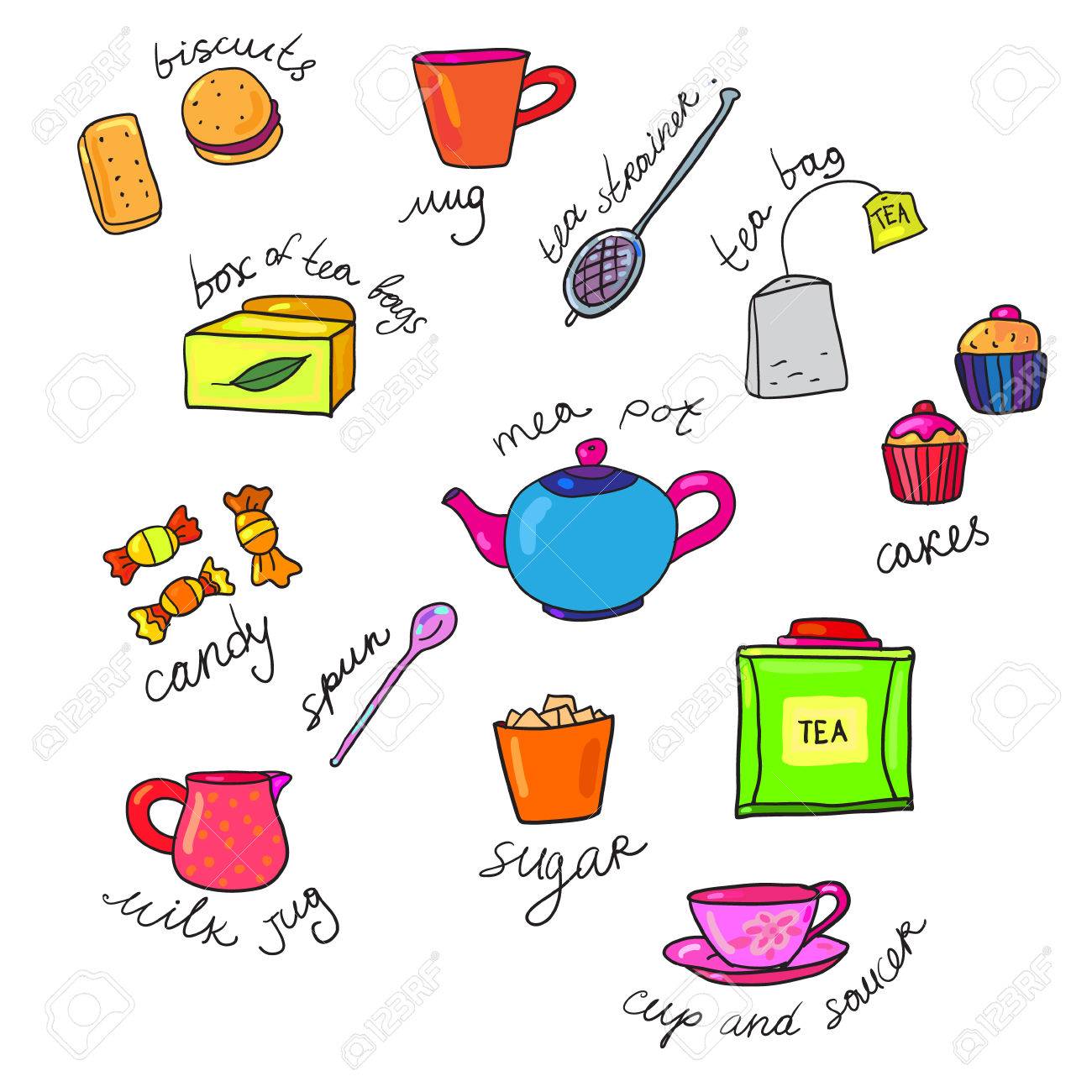 Brillante Tazza Di Tè E Teiera Colori E Altri Oggetti Con Iscrizioni