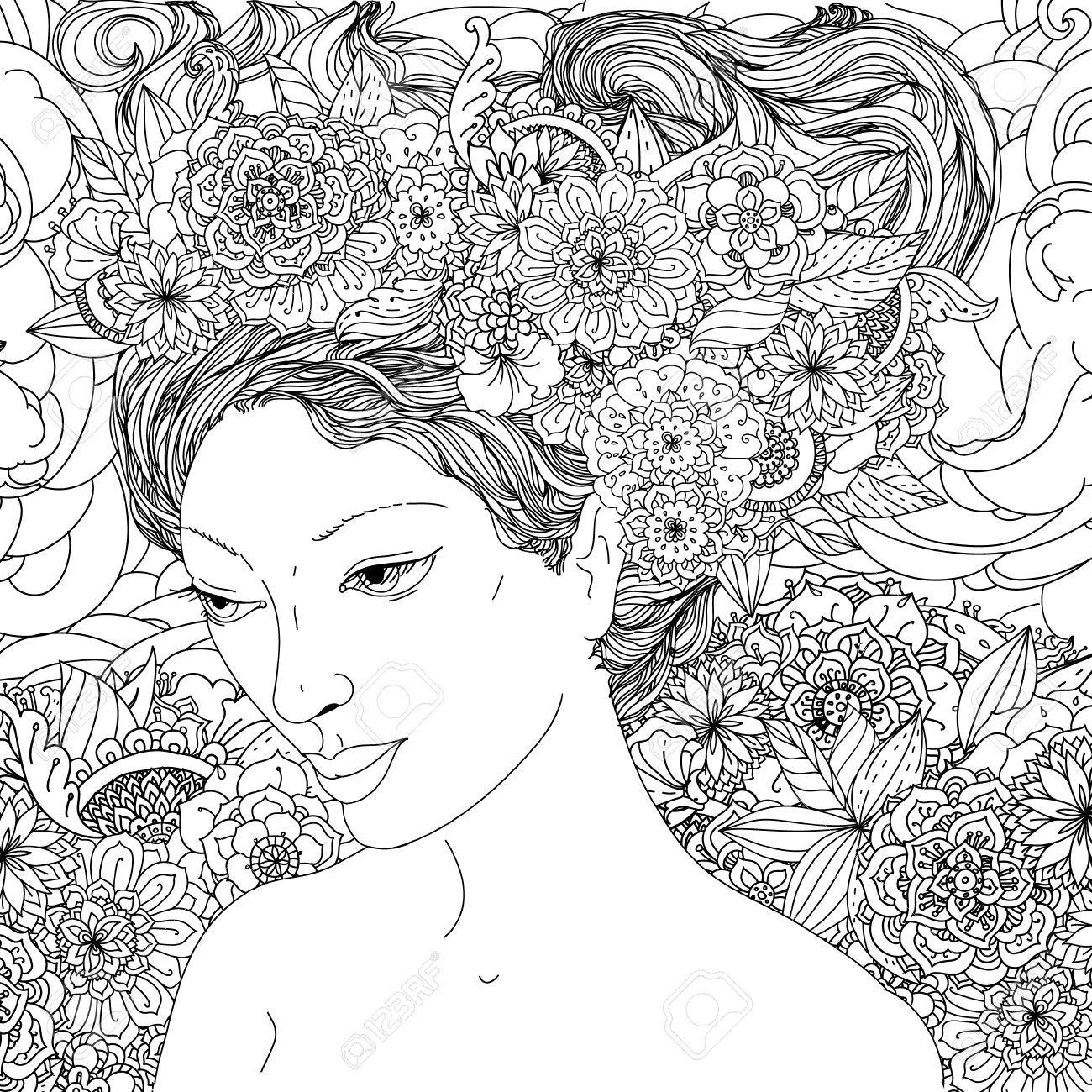 塗り絵の美しいファッション女性または両性体顔抽象的な髪と花の