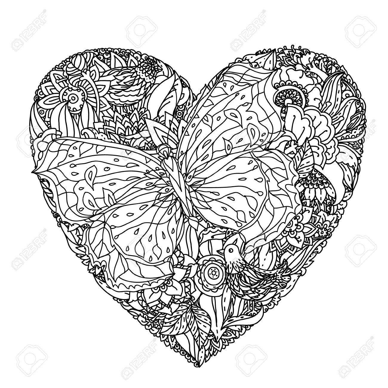 ハートの花白と黒の飾りは Zentangle スタイルで塗り絵の使用