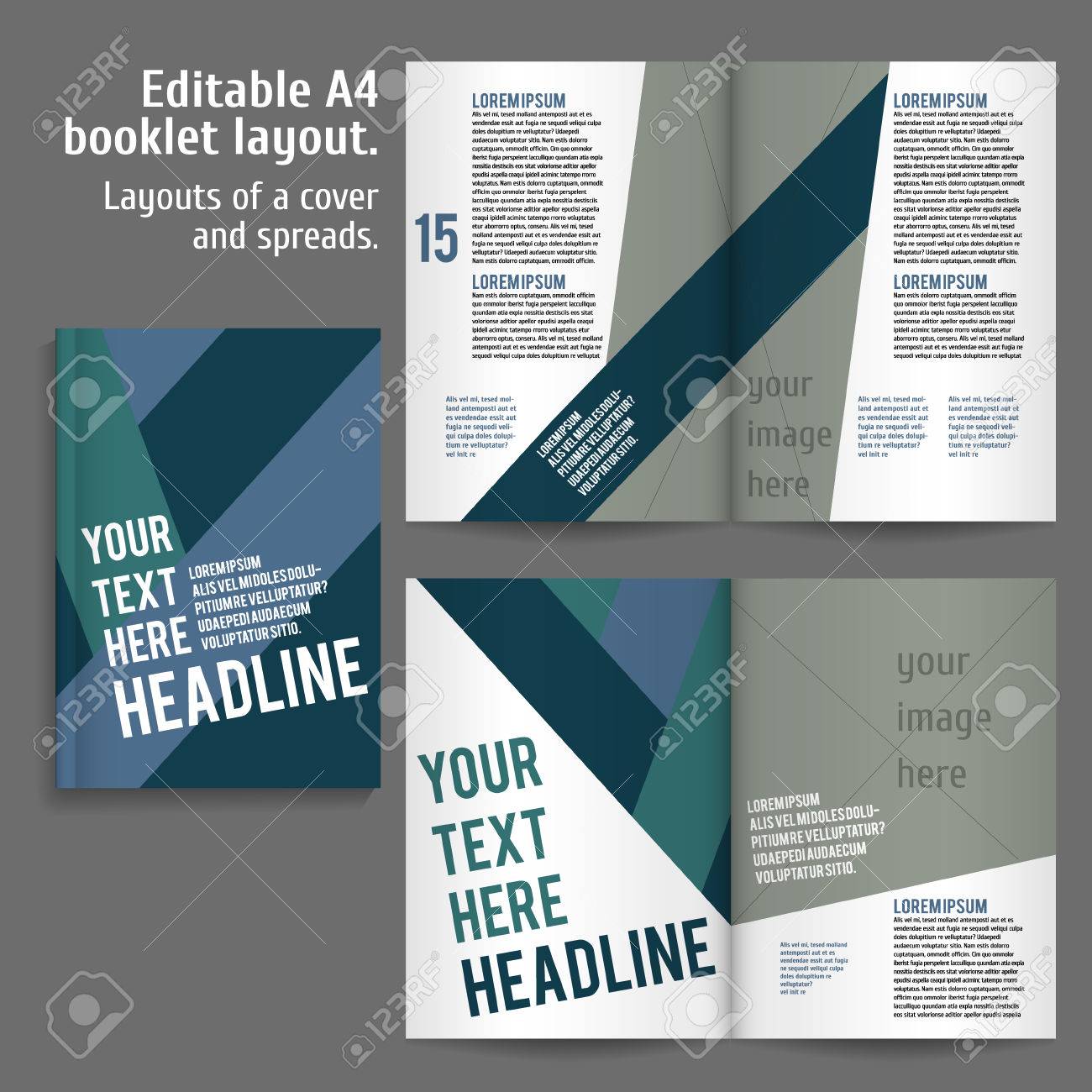 a4 book layout design template with cover and 2 spreads of contents