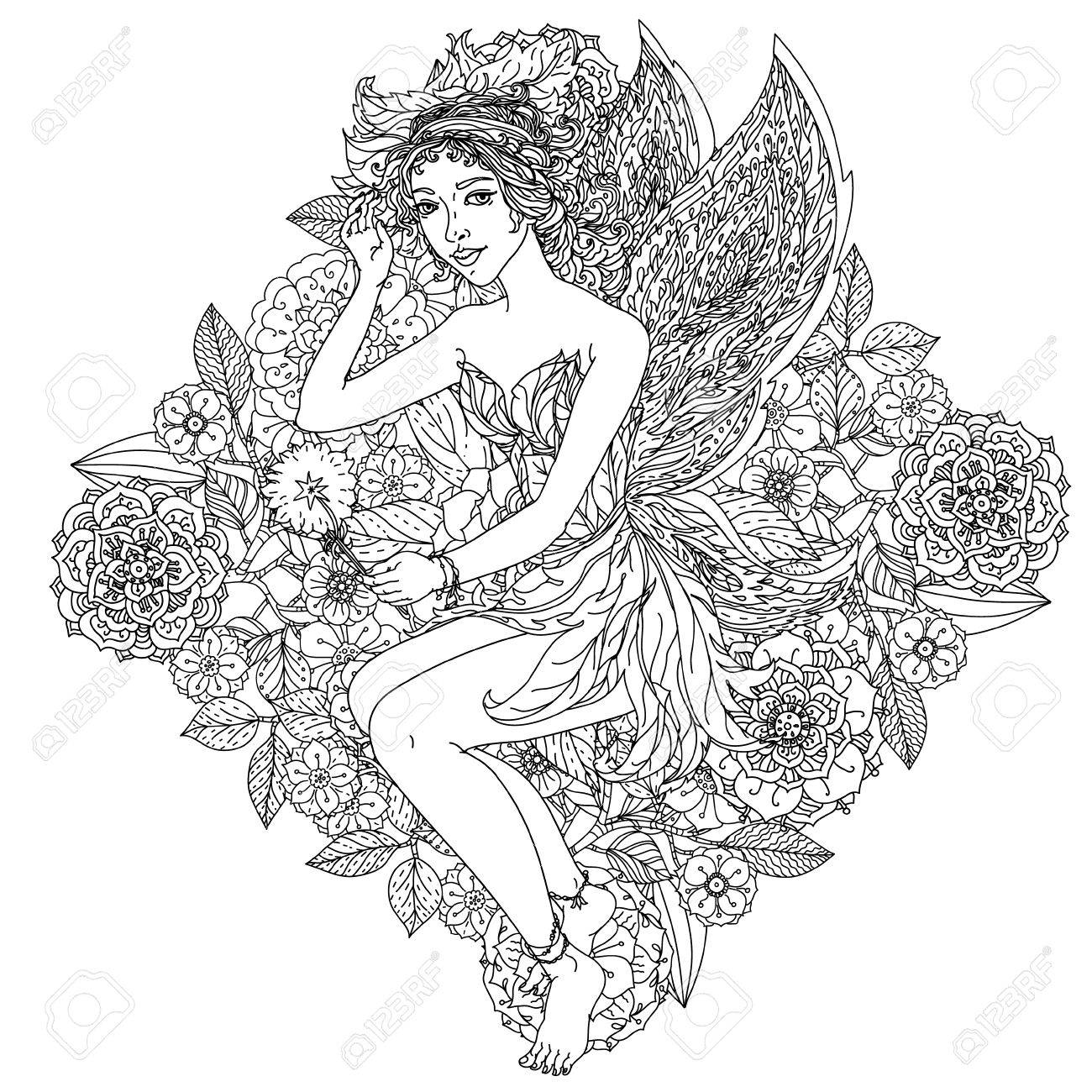 妖精やエルフのイメージの花で美しいファッション女性は 塗り絵をされる可能性があります Zentangle スタイルの黒と白 のイラスト素材 ベクタ Image 48210428