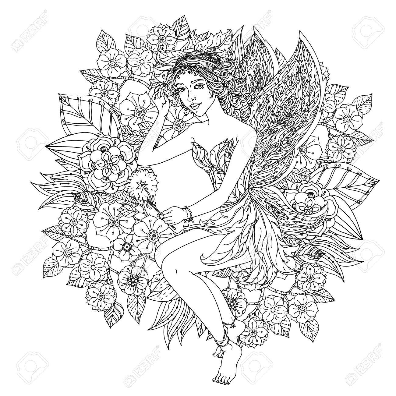 妖精やエルフのイメージの花で美しいファッション女性は 塗り絵をされる可能性があります Zentangle スタイルの黒と白 のイラスト素材 ベクタ Image 48210480