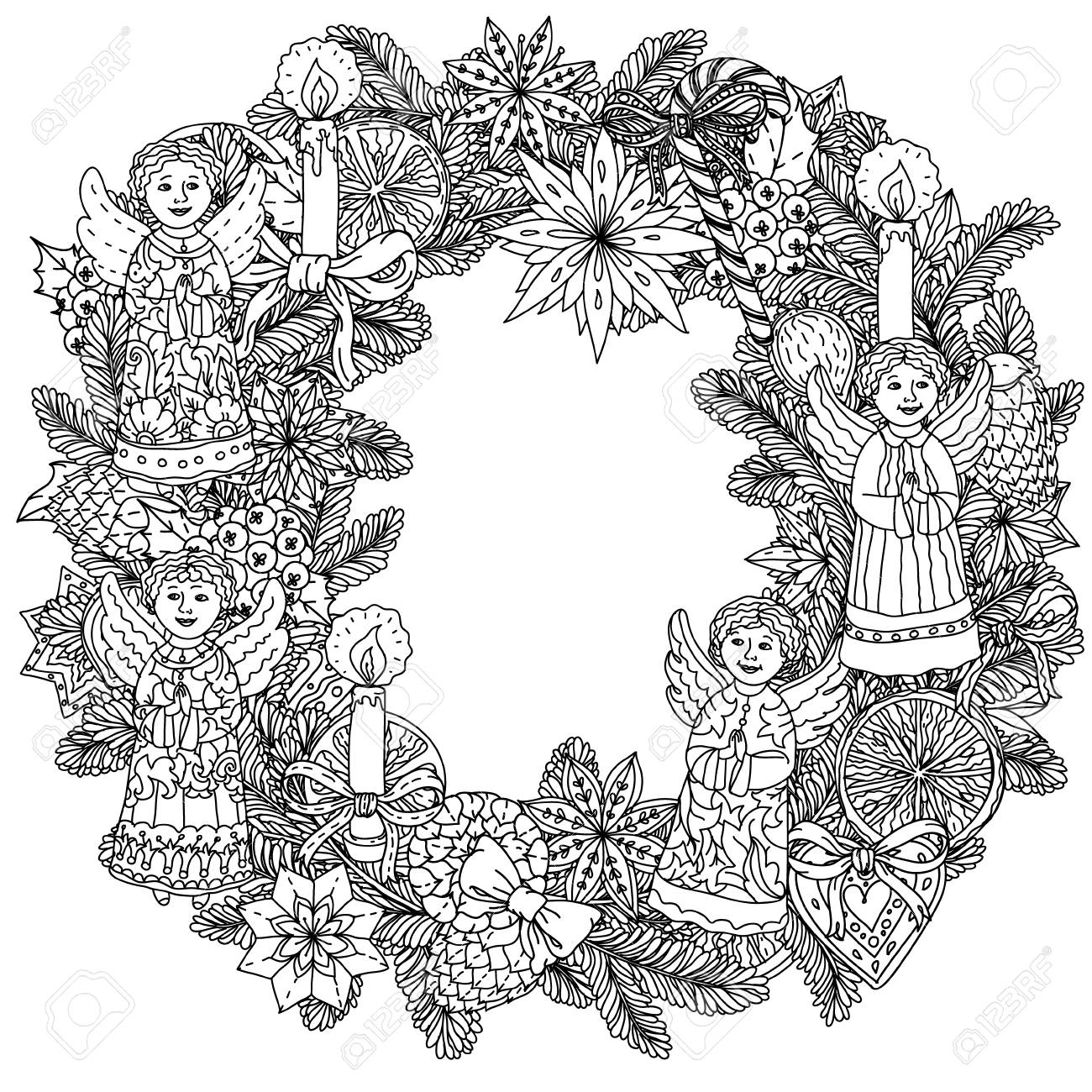 装飾的な項目 黒と白のクリスマス リース あなたのデザイン テキスタイル ポスター 塗り絵に最適 のイラスト素材 ベクタ Image 装飾的な項目 黒と白のクリスマス リース あなたのデザイン テキスタイル ポスター 塗り絵に最適 のイラスト素材 ベクタ Image