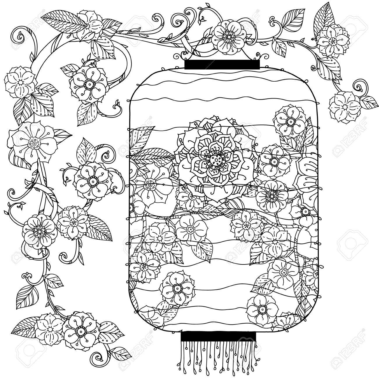 Chinois Dessin Lanterne à La Main Fleurs Arbre Et Les Oiseaux Noir Et Blanc Vector Illustration Le Meilleur Pour Votre Conception Textiles