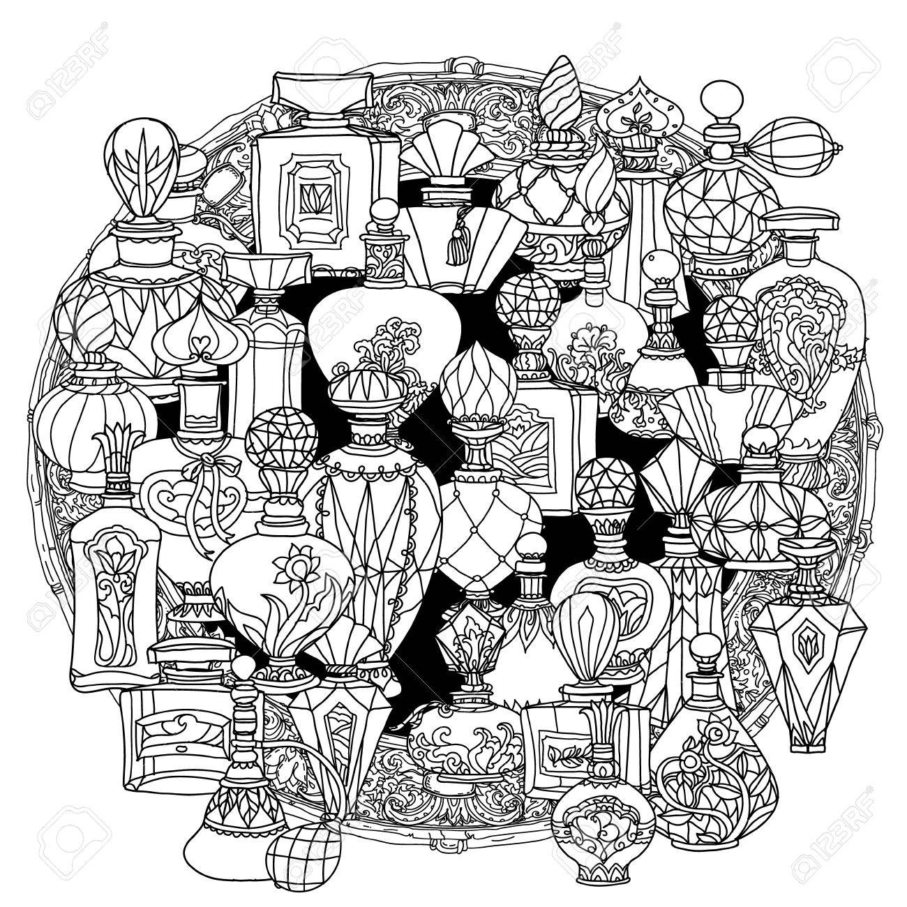 ファンタジーのヴィンテージ香水のマンダラ マンダラのスタイル パターン ベクトルの大人の塗り絵 いたずら書き 黒と白 着色本のスタイルです 大人の塗り絵 マンダラの形 Uncolouredのイラスト素材 ベクタ Image 55230811