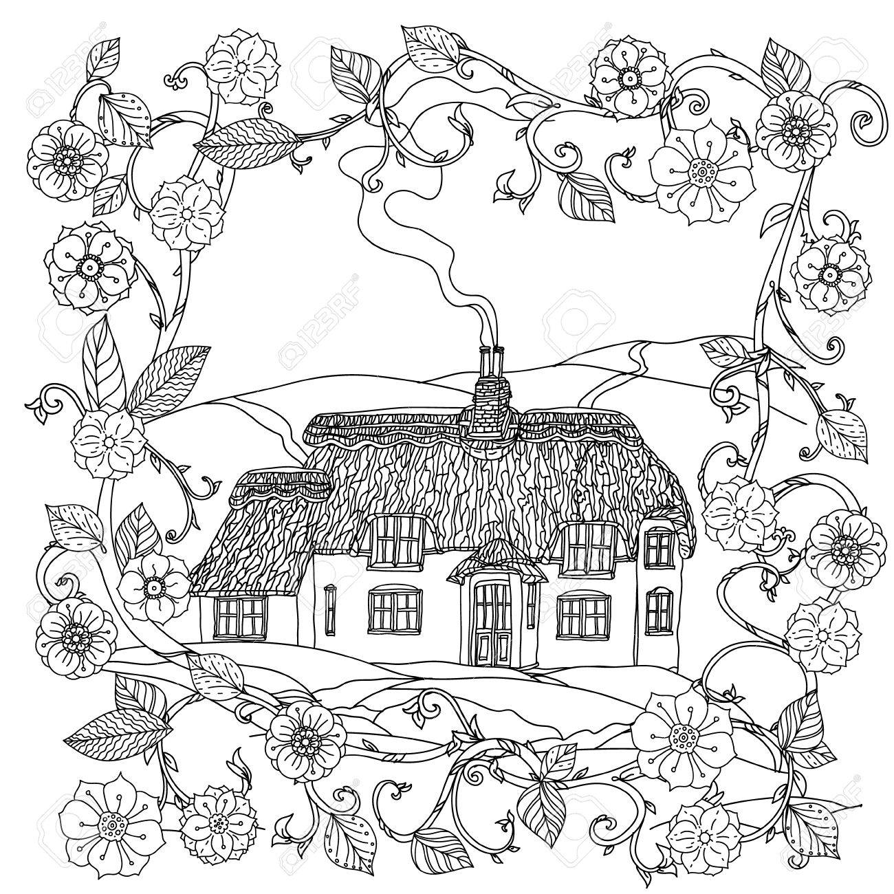 黒と白の花は ビクトリア朝の家 大人の塗り絵 Zenart スタイル 手描き レトロ 落書き ベクトル Uncoloured テキスタイル カード ベクトルの塗り絵に最適です のイラスト素材 ベクタ Image 55232598