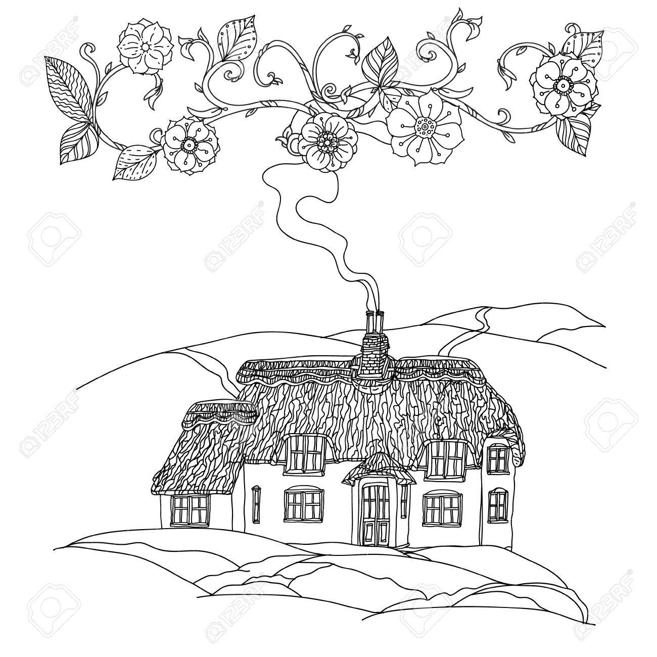 黒と白の花は ビクトリア朝の家 大人の塗り絵 Zenart スタイル レトロな落書き Uncoloured 繊維 カード 塗り絵に最適のイラスト素材 ベクタ Image 55829124