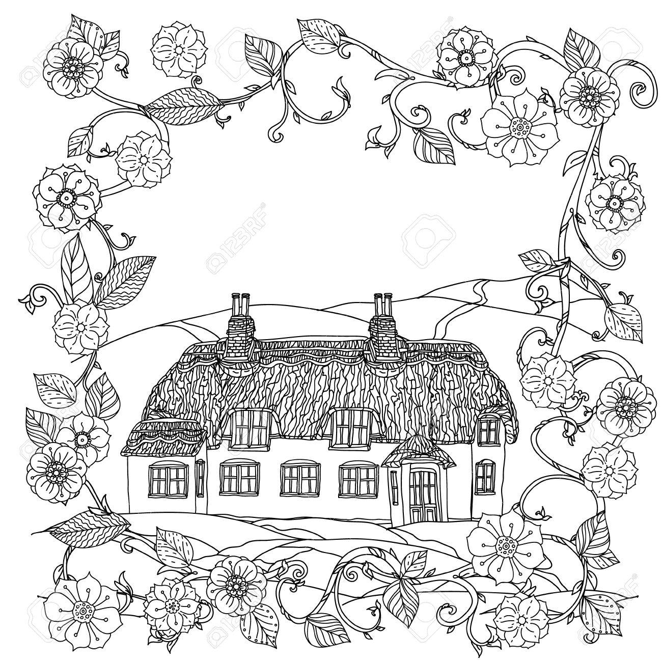 黒と白の花は ビクトリア朝の家 大人の塗り絵 Zenart スタイル レトロな落書き Uncoloured 繊維 カード 塗り絵に最適のイラスト素材 ベクタ Image 55829125