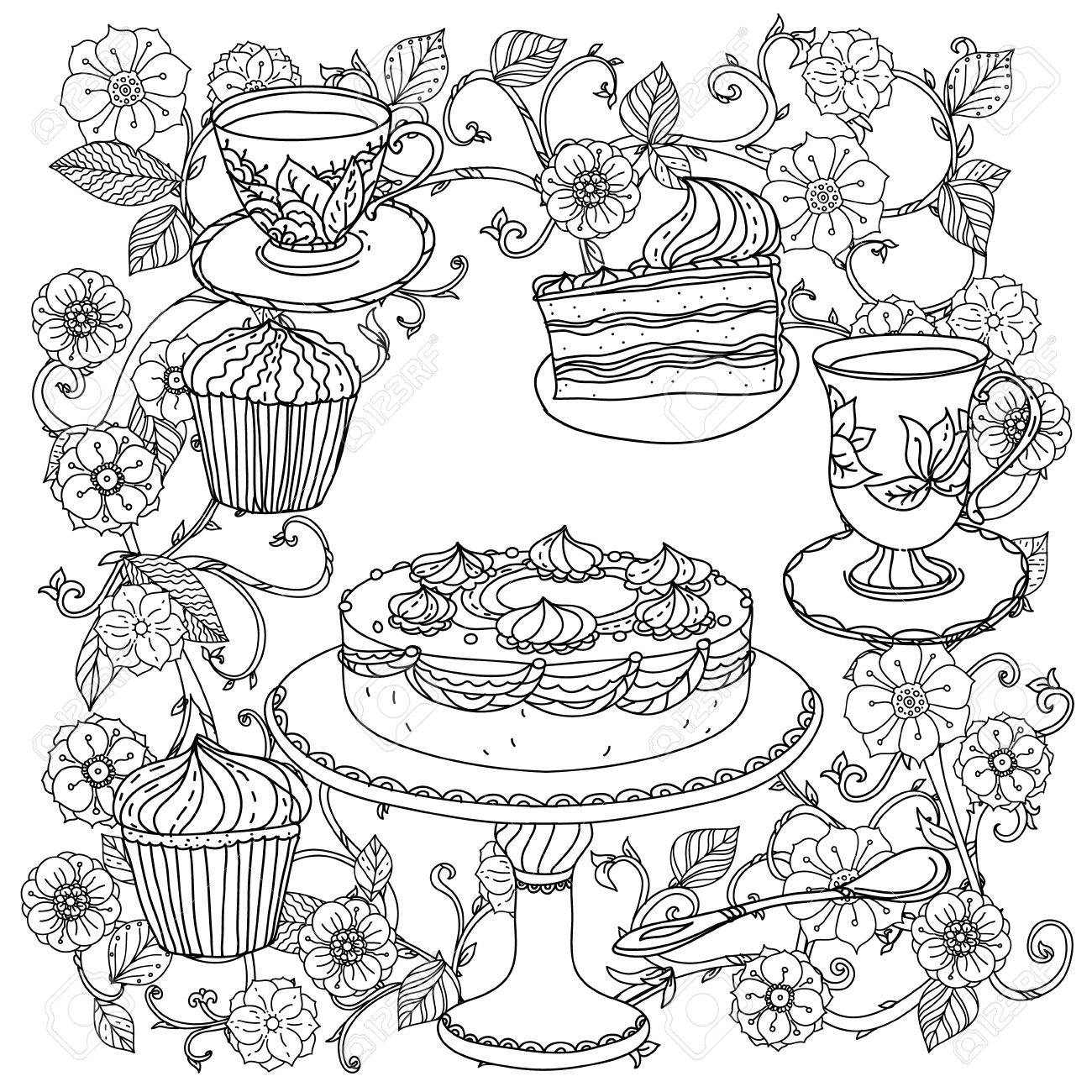Uncoloured オリエント黒と白の花の飾り大人の本のスタイルを着色します お茶 カップ ティーポット ケーキやカップケーキのための時間の要素 Zenart スタイルの大人の塗り絵の使用ができます のイラスト素材 ベクタ Image