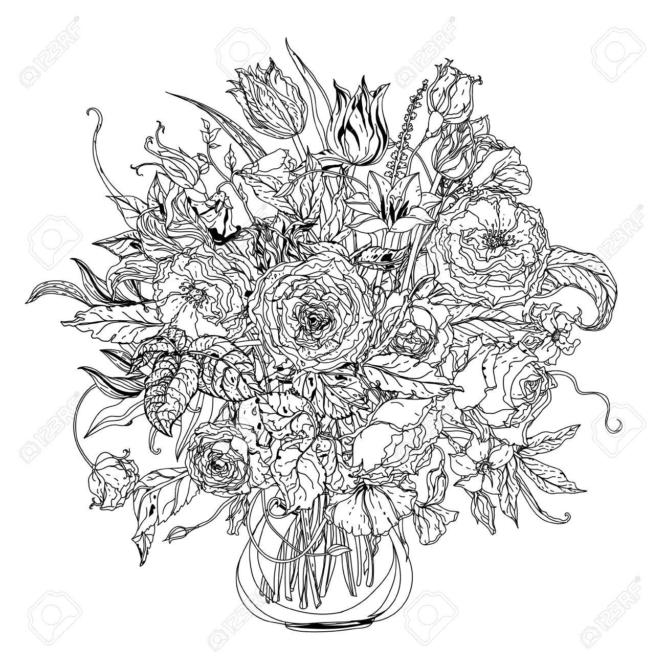 有名な Zenart スタイルの大人の塗り絵の Zenart スタイルの着色本サイル豪華なバラのブーケの未塗装の芸術 結婚式カード 塗り絵をデザイン 落書きのイラスト素材 ベクタ Image 56012065