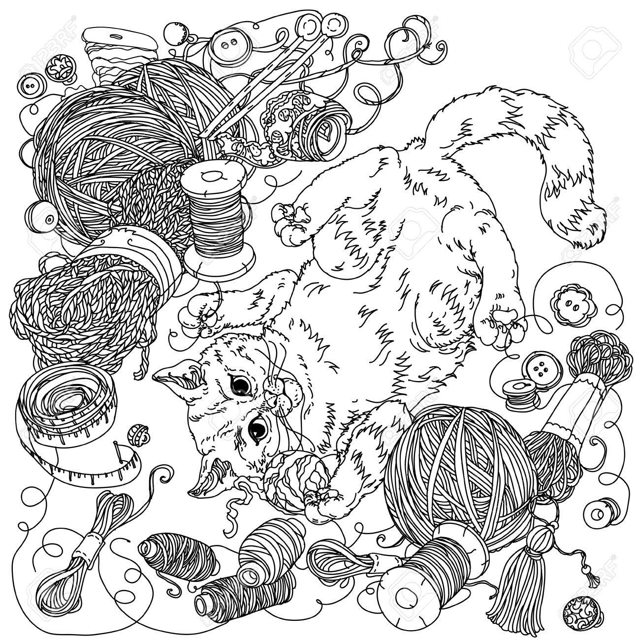 糸本スタイルやカラーリングの刺繍アイテムの針仕事で未塗装子猫 手描き 落書き 最高の結婚式の塗り絵カード あなたの設計のためのベクターします 黒と白 のイラスト素材 ベクタ Image 57286022