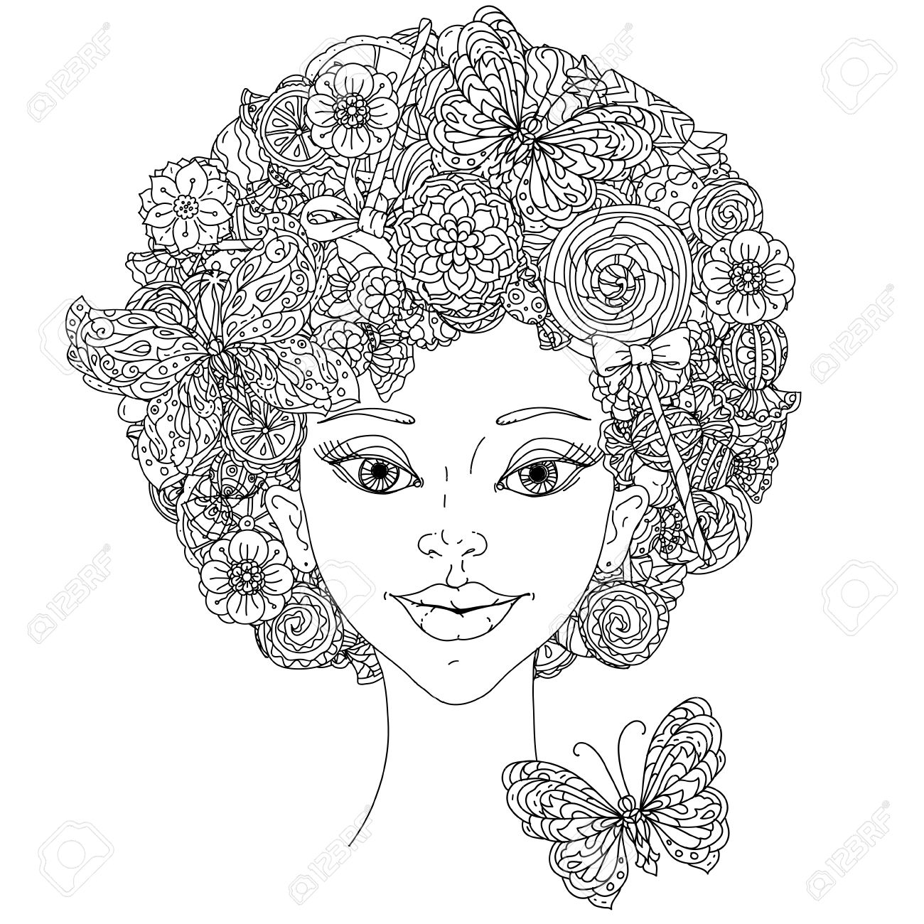 Uncoloured Woman And Butterfly For Adult Coloring Book In Famous Zenart Art Therapy Antistress Style
