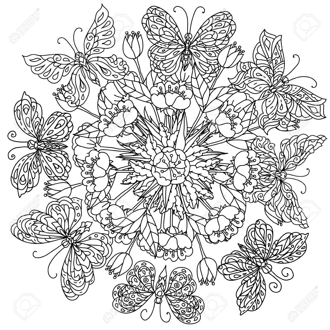 Mandala Shape Flowers And Butterfly For Adult Coloring Book In ... Mandala Shape Flowers And Butterfly For Adult Coloring Book In ...