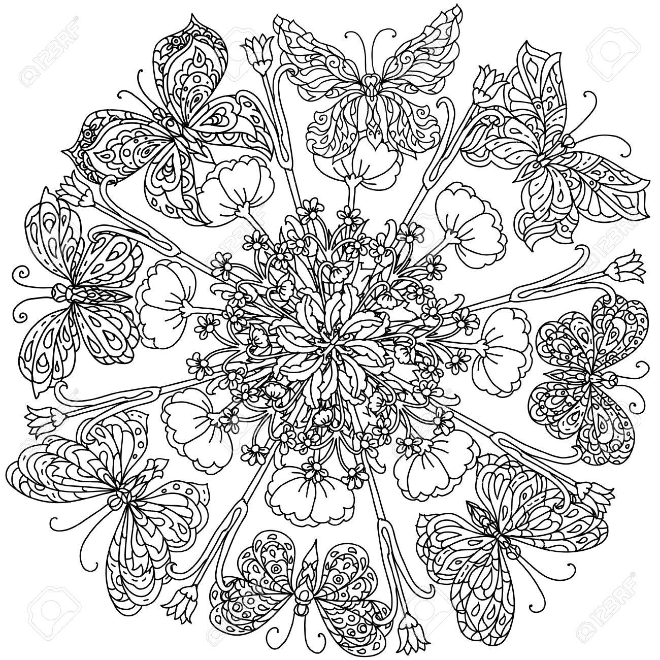 Mandala Shape Flowers And Butterfly For Adult Coloring Book In Zen Art Therapy Style Anti
